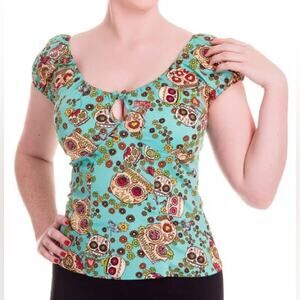 Hell Bunny Skull Love Top Blue with Skulls and Floral Print Size Small Womens
